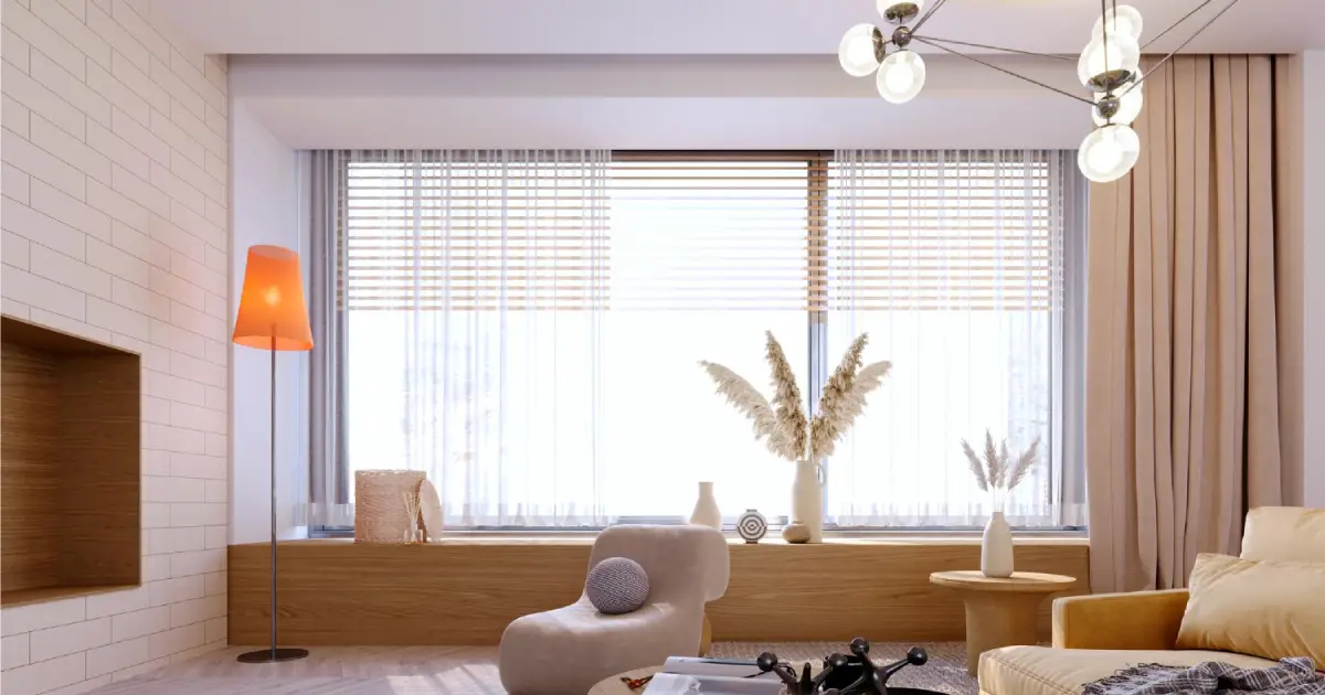 Minimalist window featuring sheer shades with soft sunlight filtering through
