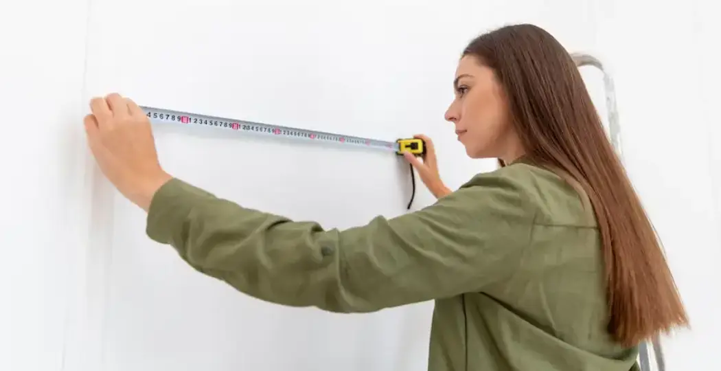 Woman measuring window for new blinds