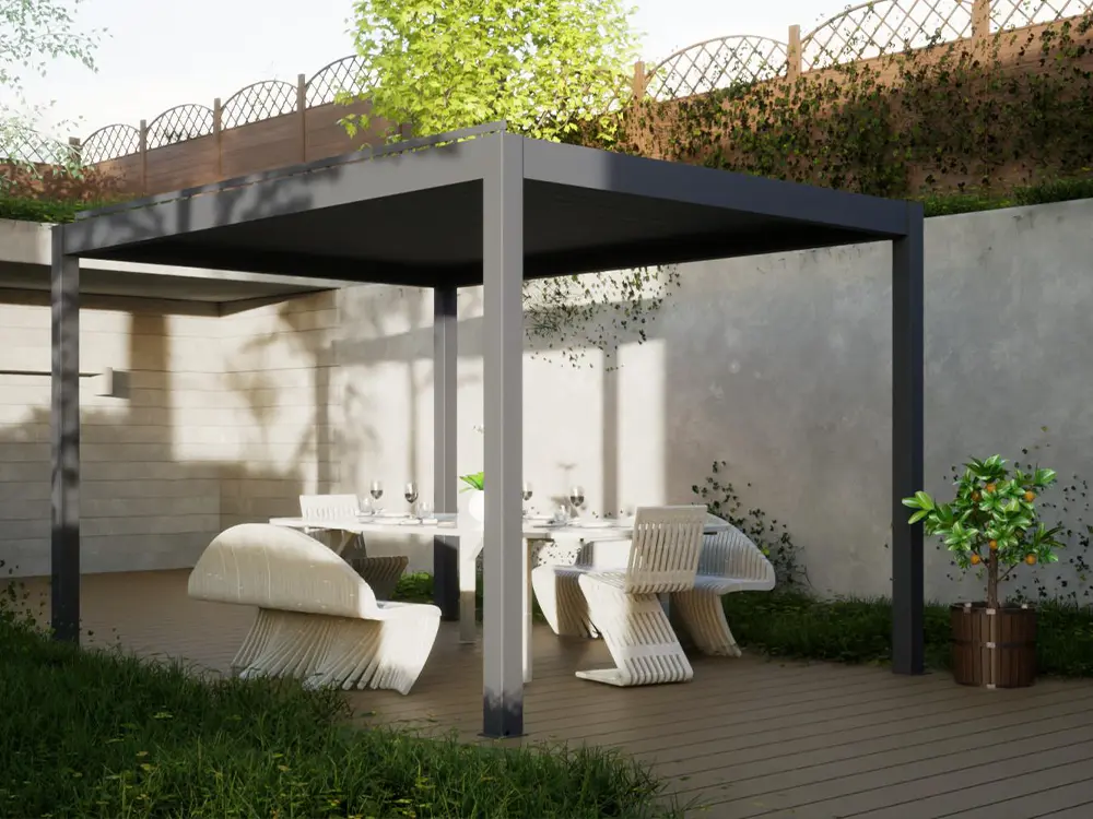 Aluminum pergola installed over a villa poolside area in Dubai