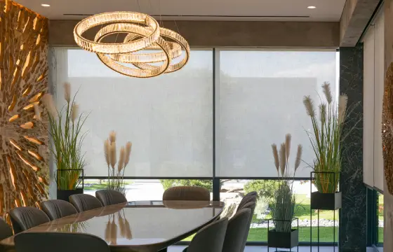 Sunscreen roller blinds in a Dubai office, filtering sunlight while keeping the view
